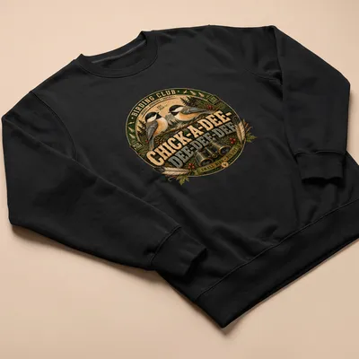 Vintage circular design featuring chickadee birds and text about birding. — printed on a unisex sweatshirt