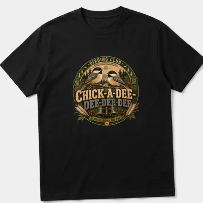 Vintage circular design featuring chickadee birds and text about birding.