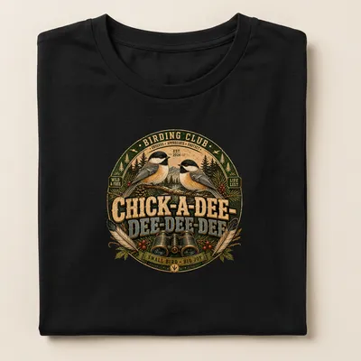 Vintage circular design featuring chickadee birds and text about birding. — printed on a women's shirt