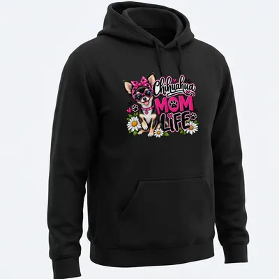 Colorful cartoon Chihuahua with flowers and text 'Chihuahua MOM LIFE' — printed on a unisex hoodie