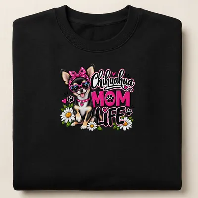 Colorful cartoon Chihuahua with flowers and text 'Chihuahua MOM LIFE' — printed on a unisex sweatshirt