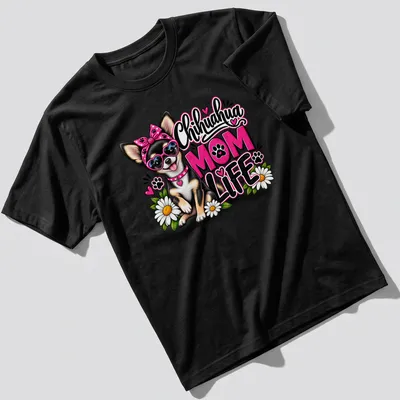 Colorful cartoon Chihuahua with flowers and text 'Chihuahua MOM LIFE'