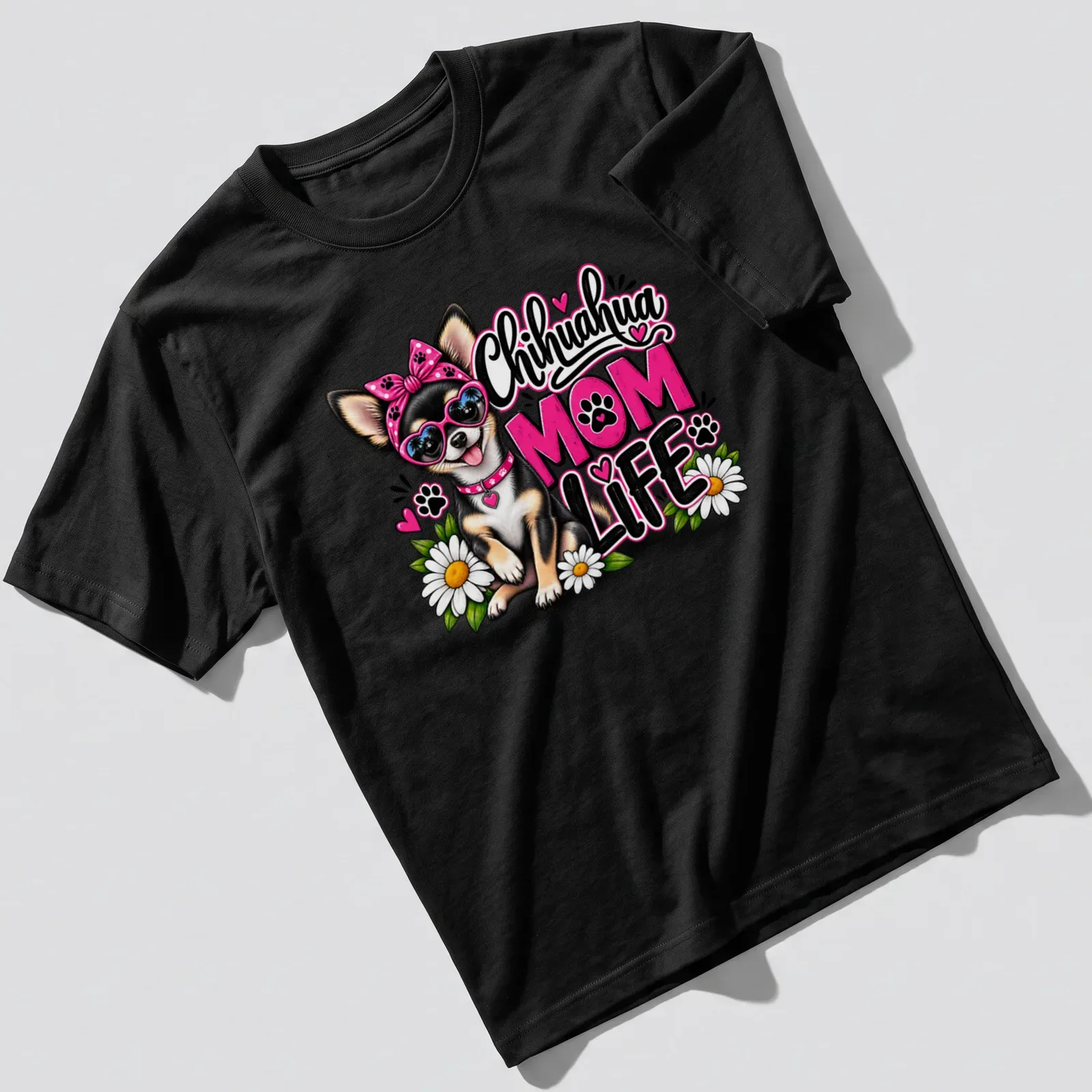 Colorful cartoon Chihuahua with flowers and text 'Chihuahua MOM LIFE' — printed on a unisex t-shirt