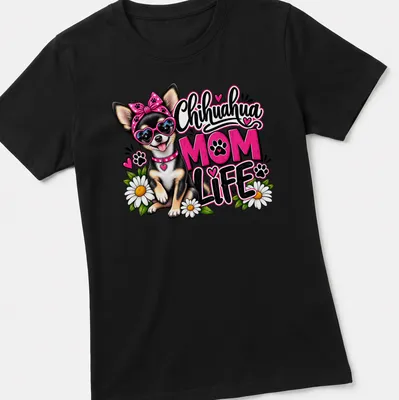Colorful cartoon Chihuahua with flowers and text 'Chihuahua MOM LIFE' — printed on a women's shirt