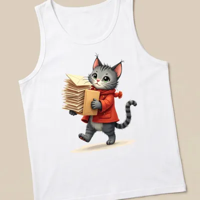 Kawaii illustration of a Christmas cat in festive attire with letters — printed on a tank top