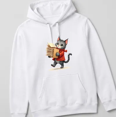 Kawaii illustration of a Christmas cat in festive attire with letters — printed on a unisex hoodie