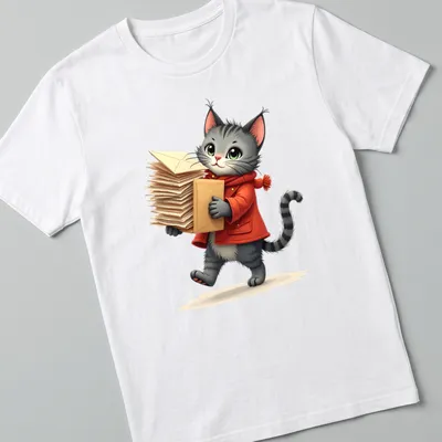 Kawaii illustration of a Christmas cat in festive attire with letters