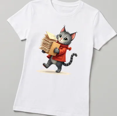 Kawaii illustration of a Christmas cat in festive attire with letters — printed on a women's shirt