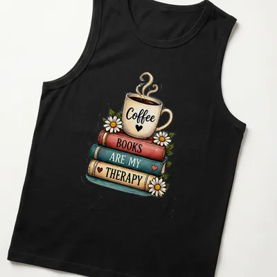 Whimsical illustration of a coffee cup atop a stack of colorful books with printed text — printed on a tank top