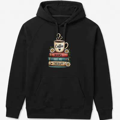 Whimsical illustration of a coffee cup atop a stack of colorful books with printed text — printed on a unisex hoodie
