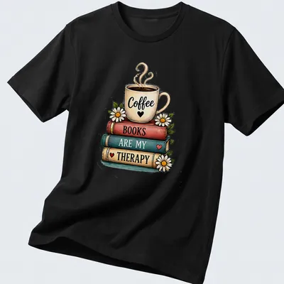Whimsical illustration of a coffee cup atop a stack of colorful books with printed text