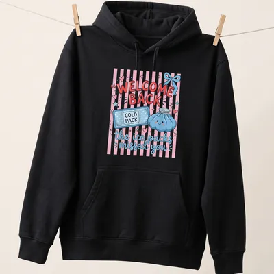 Cute kawaii t-shirt featuring a cold pack and text saying 'WELCOME BACK, the ice packs missed you' — printed on a unisex hoodie