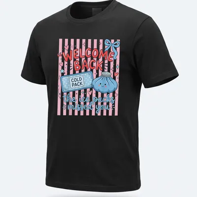 Cute kawaii t-shirt featuring a cold pack and text saying 'WELCOME BACK, the ice packs missed you'