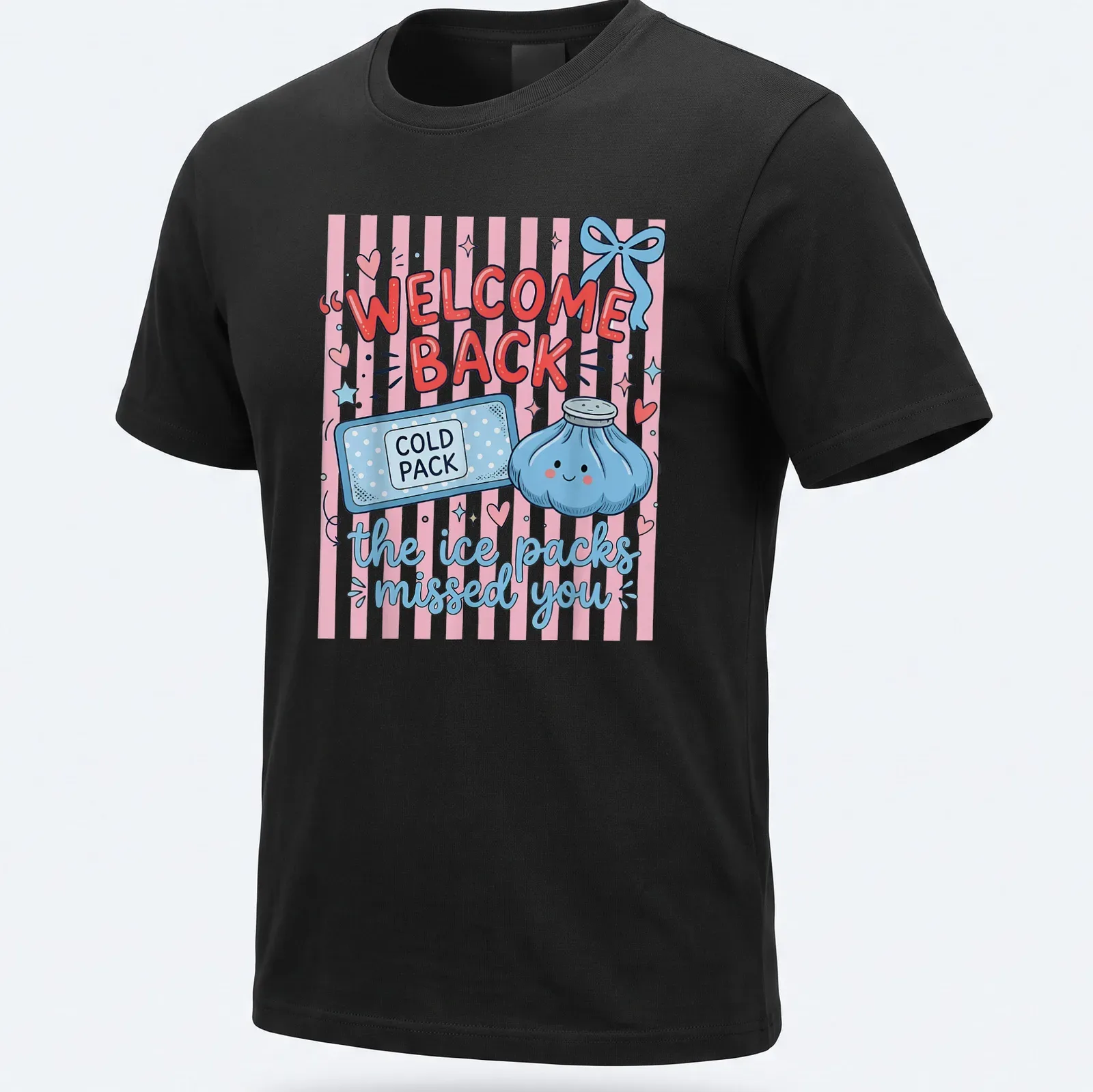 Cute kawaii t-shirt featuring a cold pack and text saying 'WELCOME BACK, the ice packs missed you' — printed on a unisex t-shirt