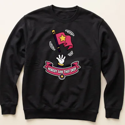 Cartoon t-shirt featuring a color guard flag and hand with humorous text about dropping it. — printed on a unisex sweatshirt