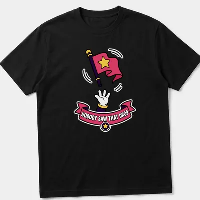 Cartoon t-shirt featuring a color guard flag and hand with humorous text about dropping it.