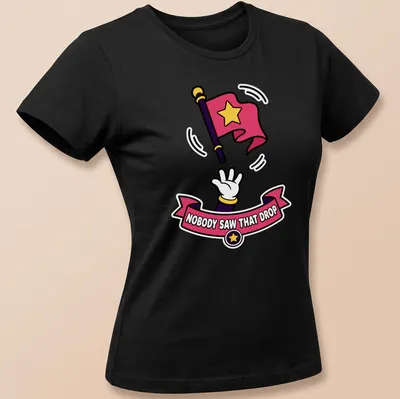 Cartoon t-shirt featuring a color guard flag and hand with humorous text about dropping it. — printed on a women's shirt