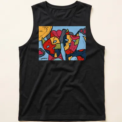 Colorful abstract cat faces with the word Soon in bold typography — printed on a tank top