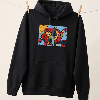 Colorful abstract cat faces with the word Soon in bold typography — printed on a unisex hoodie