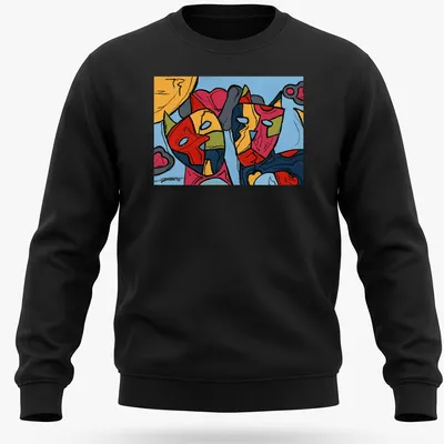 Colorful abstract cat faces with the word Soon in bold typography — printed on a unisex sweatshirt