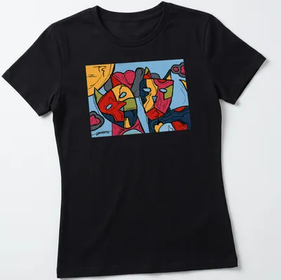 Colorful abstract cat faces with the word Soon in bold typography — printed on a women's shirt
