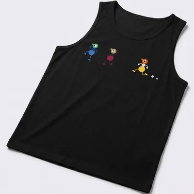 Playful cartoon t-shirt with colorful walking characters and the text Big Walk — printed on a tank top