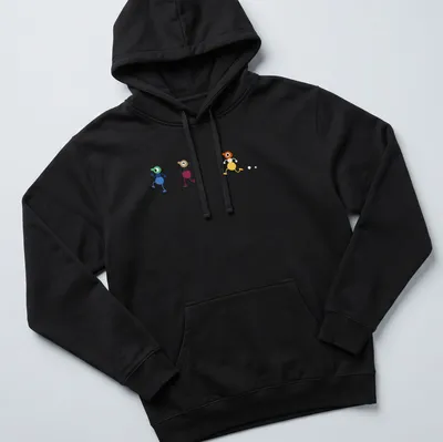 Playful cartoon t-shirt with colorful walking characters and the text Big Walk — printed on a unisex hoodie
