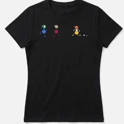 Playful cartoon t-shirt with colorful walking characters and the text Big Walk — printed on a women's shirt