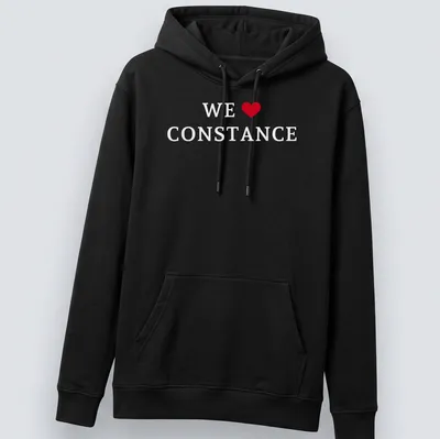 Simple text shirt that reads 'WE ♥ CONSTANCE' in red and white — printed on a unisex hoodie