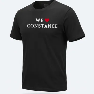 Simple text shirt that reads 'WE ♥ CONSTANCE' in red and white