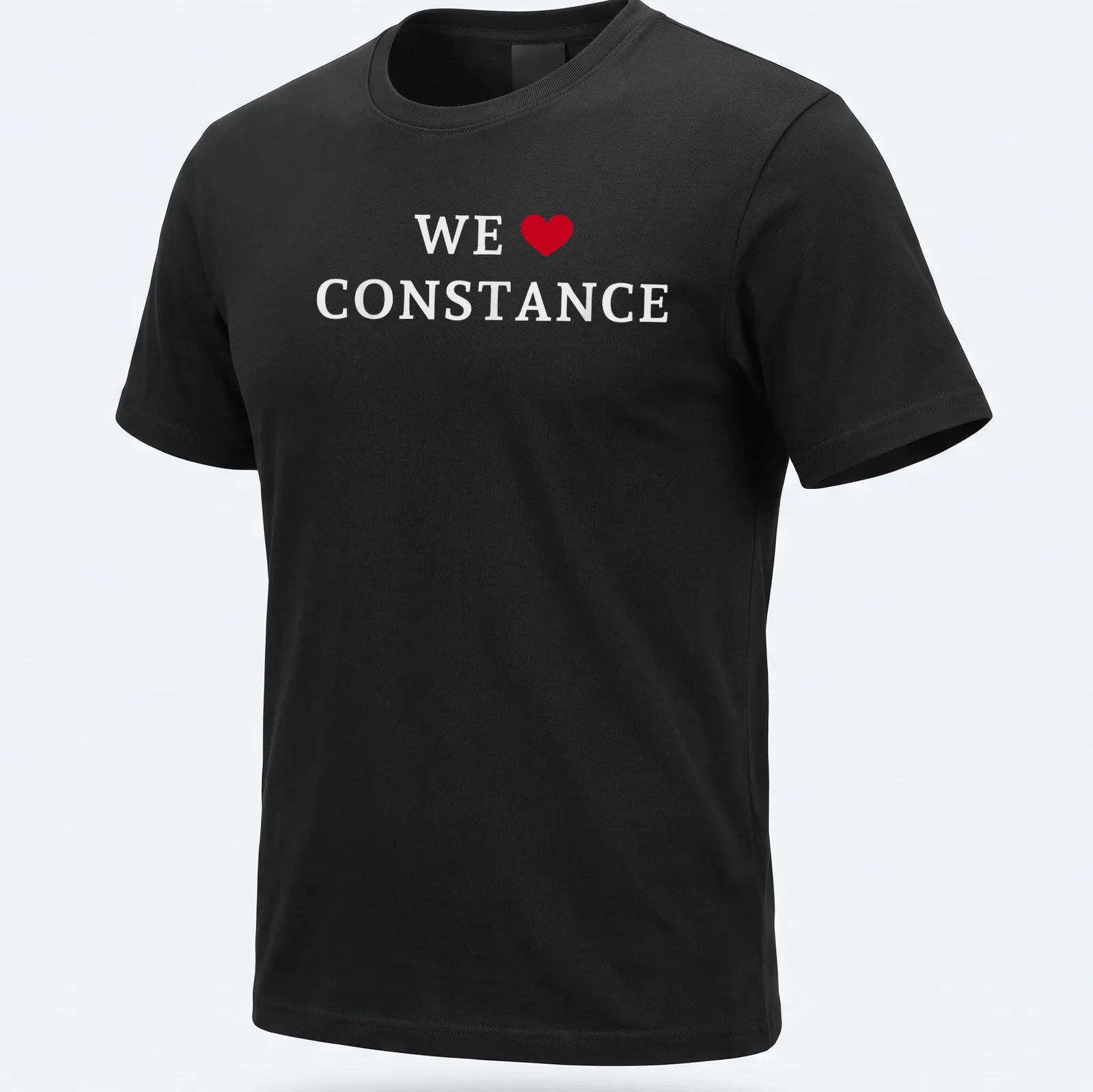 Simple text shirt that reads 'WE ♥ CONSTANCE' in red and white — printed on a unisex t-shirt