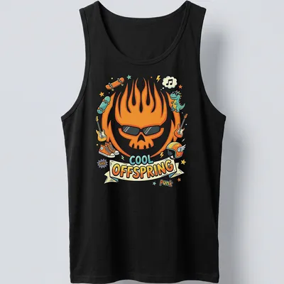Kawaii cartoon flame skull with sunglasses, skateboards, and a dinosaur on a vibrant tee. — printed on a tank top