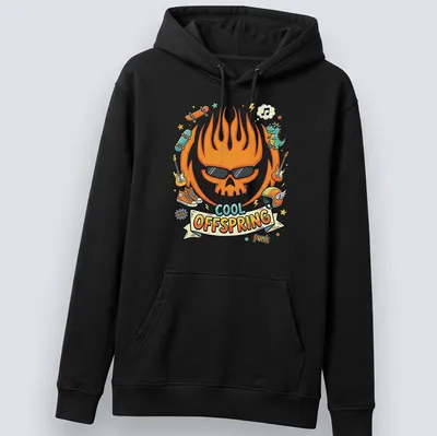 Kawaii cartoon flame skull with sunglasses, skateboards, and a dinosaur on a vibrant tee. — printed on a unisex hoodie
