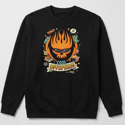 Kawaii cartoon flame skull with sunglasses, skateboards, and a dinosaur on a vibrant tee. — printed on a unisex sweatshirt