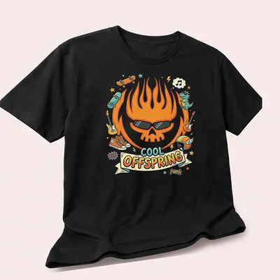 Kawaii cartoon flame skull with sunglasses, skateboards, and a dinosaur on a vibrant tee. — printed on a unisex t-shirt (angled view)
