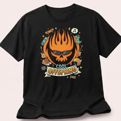 Kawaii cartoon flame skull with sunglasses, skateboards, and a dinosaur on a vibrant tee.