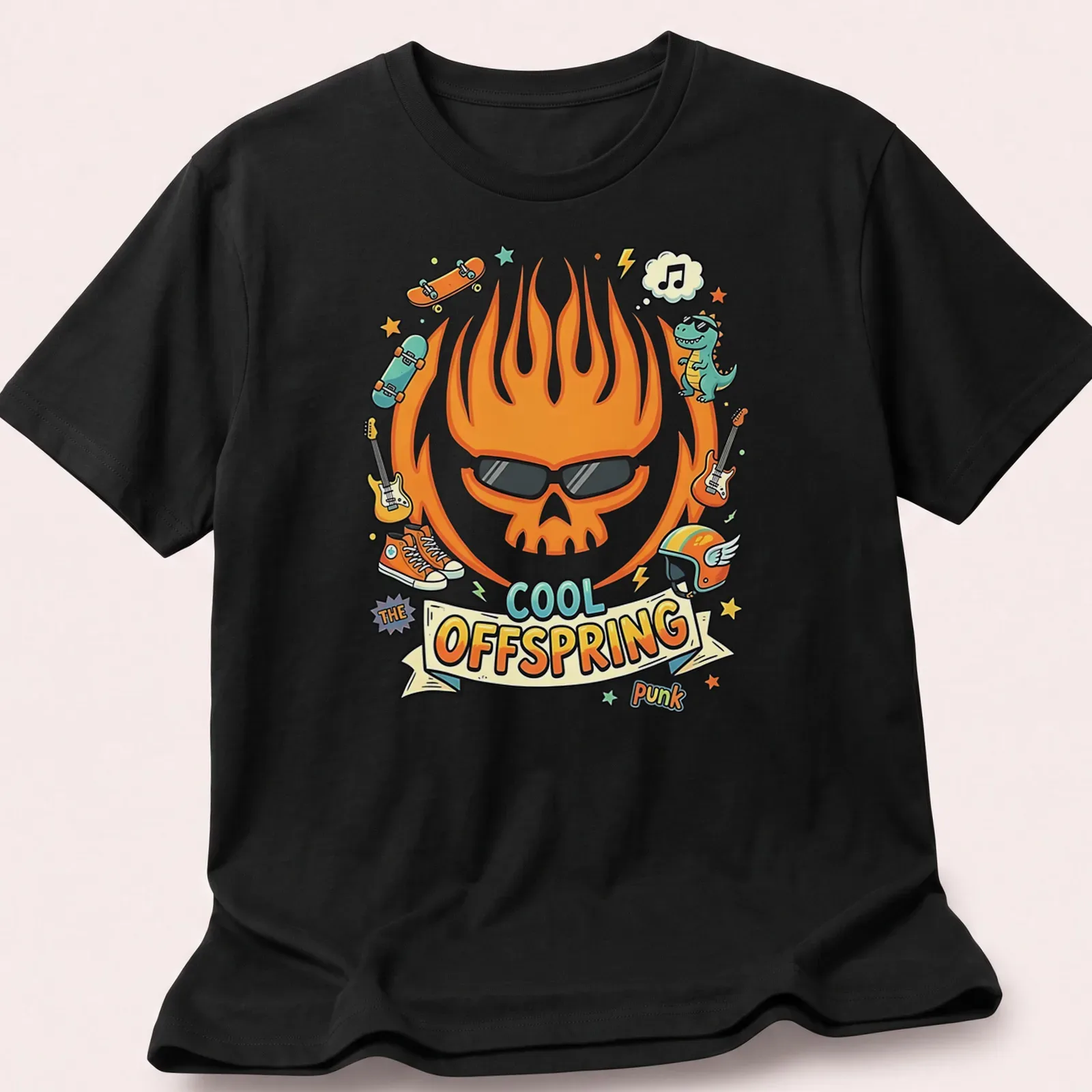 Kawaii cartoon flame skull with sunglasses, skateboards, and a dinosaur on a vibrant tee. — printed on a unisex t-shirt