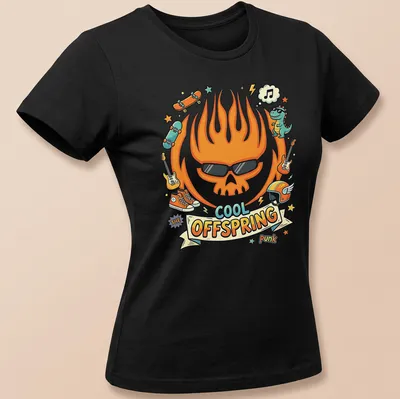 Kawaii cartoon flame skull with sunglasses, skateboards, and a dinosaur on a vibrant tee. — printed on a women's shirt