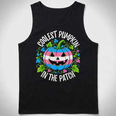 Colorful cartoon t-shirt featuring a pumpkin with trans pride colors — printed on a tank top