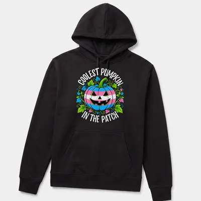 Colorful cartoon t-shirt featuring a pumpkin with trans pride colors — printed on a unisex hoodie