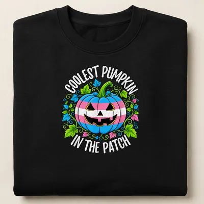 Colorful cartoon t-shirt featuring a pumpkin with trans pride colors — printed on a unisex sweatshirt
