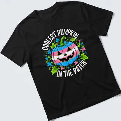 Colorful cartoon t-shirt featuring a pumpkin with trans pride colors