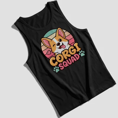 Kawaii Corgi Squad t-shirt featuring a playful corgi illustration with colorful text — printed on a tank top