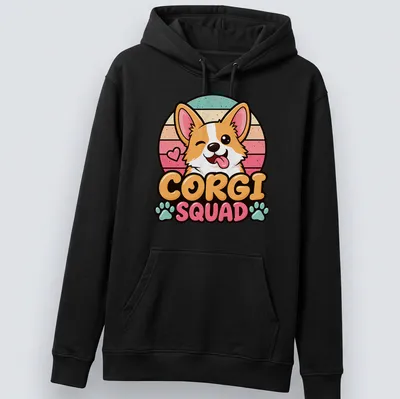Kawaii Corgi Squad t-shirt featuring a playful corgi illustration with colorful text — printed on a unisex hoodie