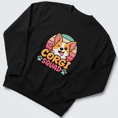 Kawaii Corgi Squad t-shirt featuring a playful corgi illustration with colorful text — printed on a unisex sweatshirt