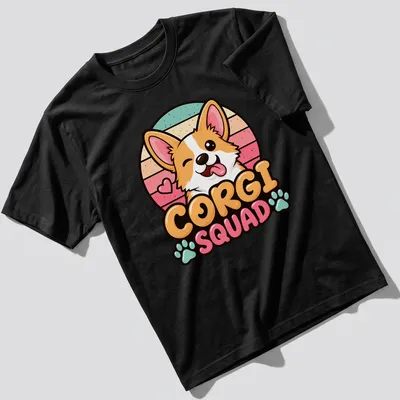 Kawaii Corgi Squad t-shirt featuring a playful corgi illustration with colorful text