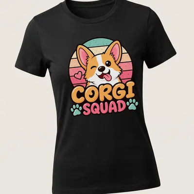 Kawaii Corgi Squad t-shirt featuring a playful corgi illustration with colorful text — printed on a women's shirt
