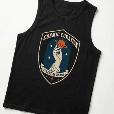 Vintage badge style graphic of a hand holding a planet with cosmic text. — printed on a tank top