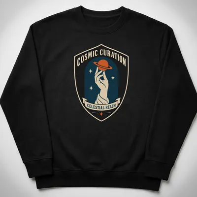 Vintage badge style graphic of a hand holding a planet with cosmic text. — printed on a unisex sweatshirt