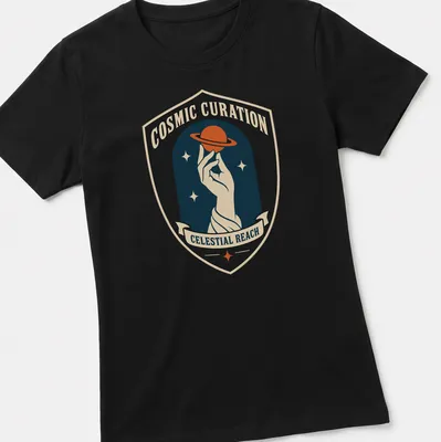 Vintage badge style graphic of a hand holding a planet with cosmic text. — printed on a women's shirt
